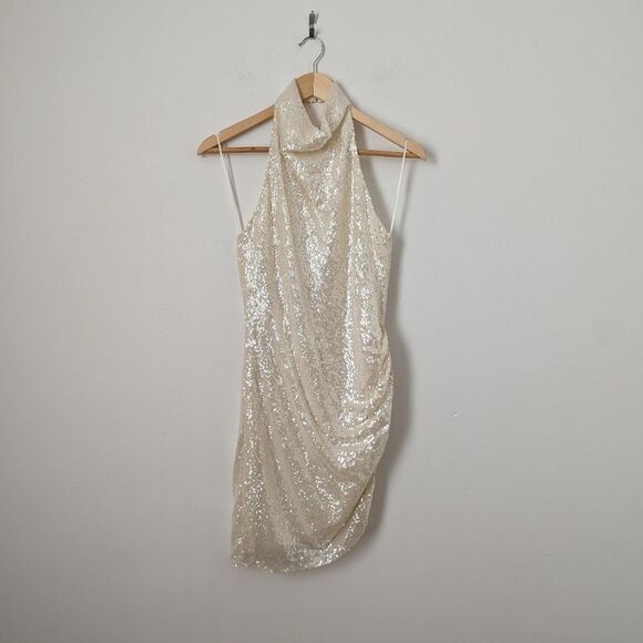 Amanda Uprichard cream ivory Aurora Samba sequin mockneck halter mini dress - Picture 2 of 6